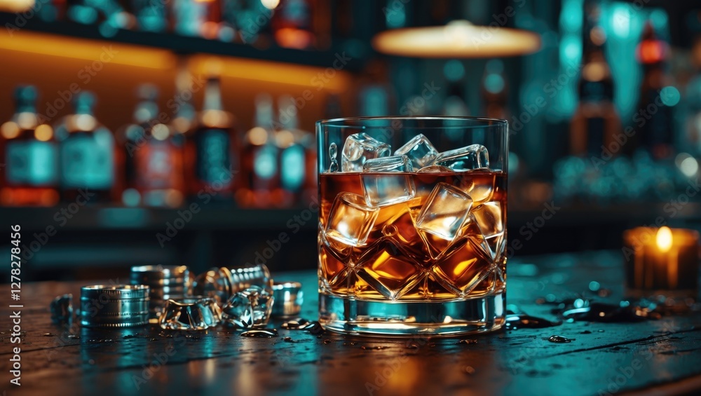 Poster whiskey on the rocks with ice cubes in a dramatic bar setting with bottles in the background