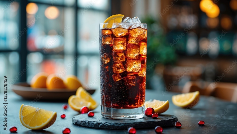 Poster refreshing cola drink with ice and lemon garnish on a table surrounded by citrus slices and red berr