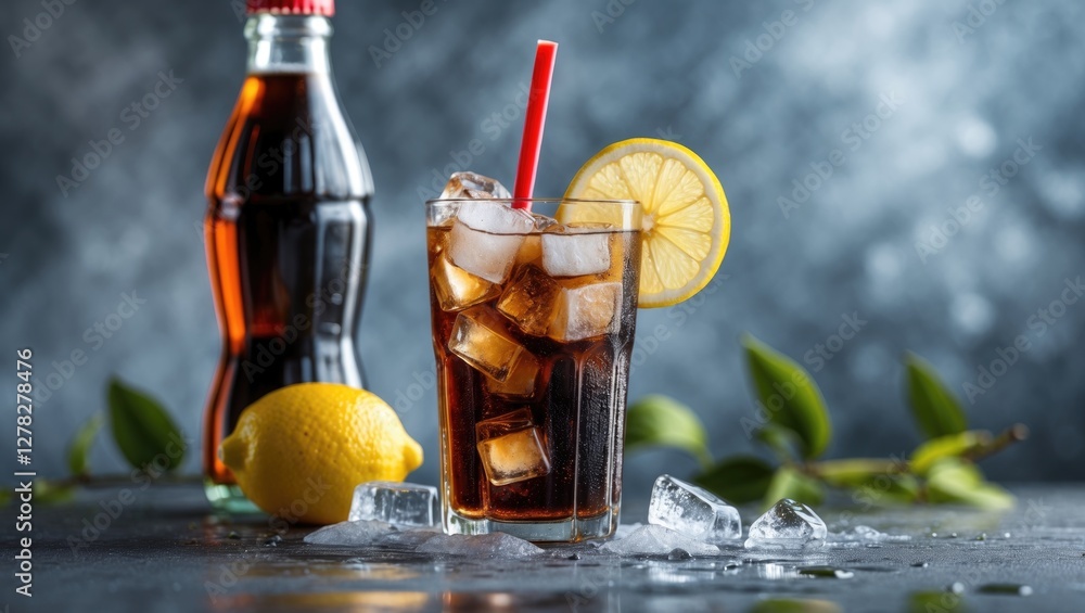 Poster refreshing cola beverage with ice and lemon slice in a glass beside a bottle on dark background with