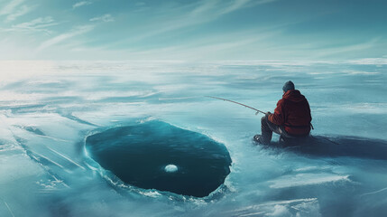 Man on ice fishing on frozen lake. Vector cartoon illustration of winter landscape with hole in blue frozen river and fisherman sitting with rod. Concept of season hobby, leisure activity