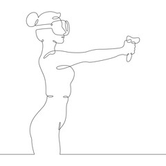 Continuous one line drawing woman in virtual reality. Girl in VR headset. High technology.