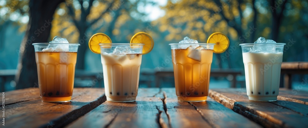 Poster refreshing iced milk tea in clear cups with ice and lemon slices on wooden table with blurred tree b