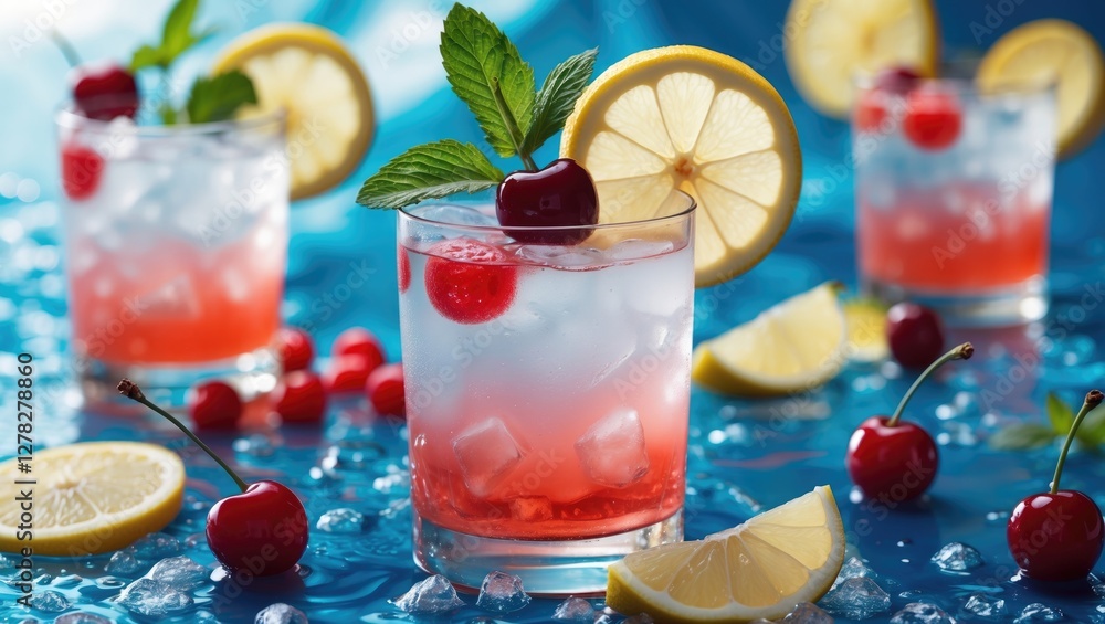 Poster refreshing summer cocktail with lemon, cherry, and mint on ice, macro image with vibrant colors and 