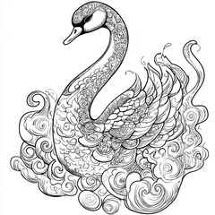 Fototapeta premium Ornate Swan in Whimsical Cloud Design Intricate Line Art
