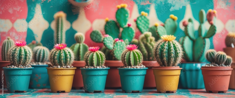 Poster colorful decorative cactus and succulent arrangement in vibrant pots against a patterned background 