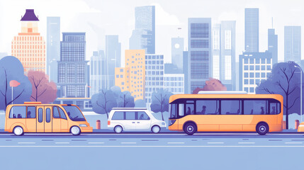 Obraz premium Banner with isometric transport, bus, mini van and car. Vector flat illustration of public passenger vehicles and automobiles. Concept of transportation, city traffic, taxi and travel