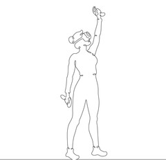 Continuous one line drawing woman in virtual reality. Girl in VR headset. High technology.