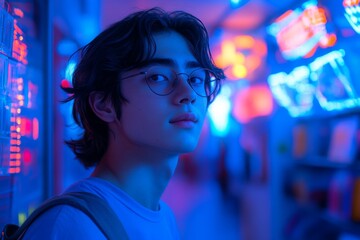 Fototapeta premium Young man standing in a neon-lit corridor with colorful lights reflecting on his face during evening hours