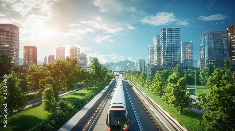 Poster a city implementing a comprehensive public transportation system to reduce car usage, thereby loweri