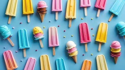 Vibrant Summer Ice Cream Popsicles and Cones Pattern on Soft Blue Background for Minimalist Aesthetic and Seasonal Joyful Themes