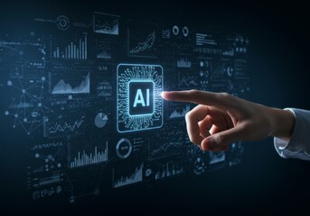 Hand pointing to glowing "AI" icon. Data visualizations background