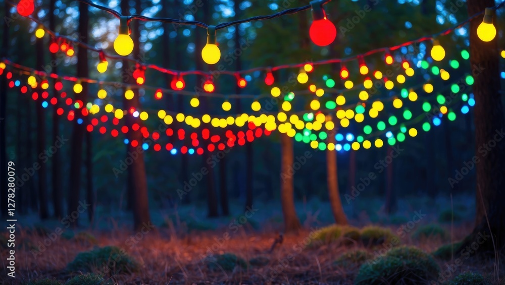 Aufkleber vibrant festive string lights illuminate forest landscape creating cheerful atmosphere with colorful