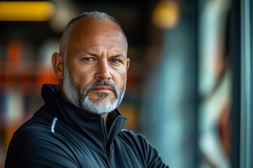 Obraz premium Confident man with gray beard posing indoors during the day in a modern setting