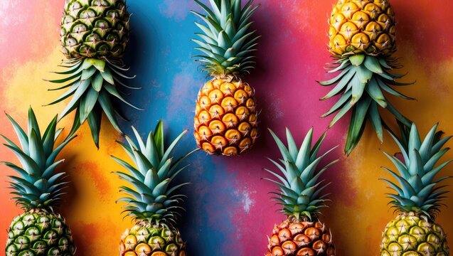 Vibrant Pineapples Against a Colorful Background with Space for Text Overlay and Creative Design Elements
