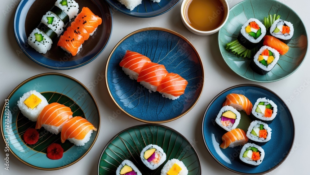 Poster assorted sushi plates with vibrant colors and text space for culinary promotions and menus