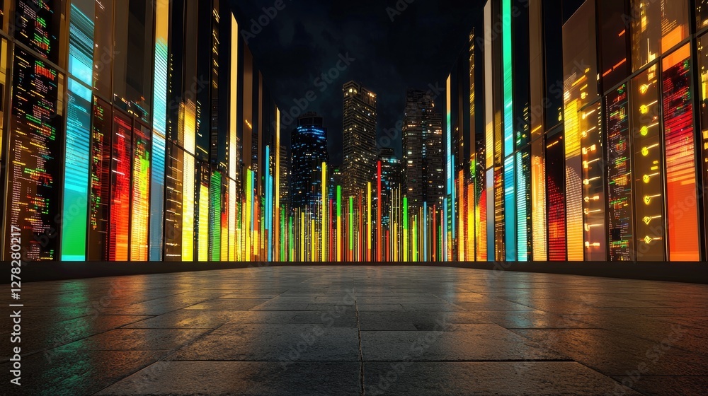 Aufkleber glowing financial data visualization on a dark backdrop, with rising graphs and tech-inspired lines.