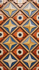 Vintage encaustic tile floor with intricate, time-worn patterns in earthy tones, featuring floral, leaf, and geometric motifs in a rustic room with high arches, lanterns, and plants.