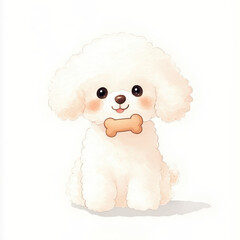 Fluffy white dog happily holding bone