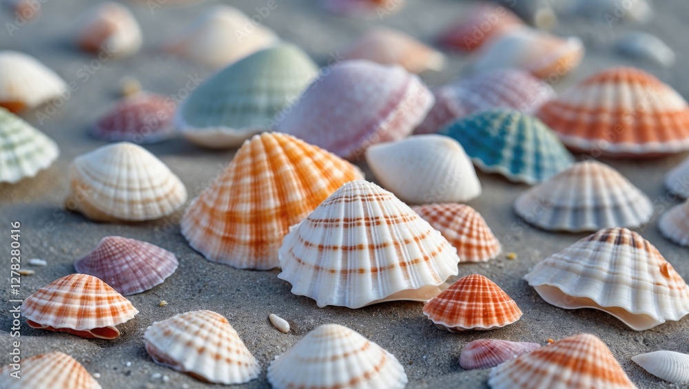 Aufkleber vibrant collection of colored seashells on sandy beach with ample space for custom text overlay