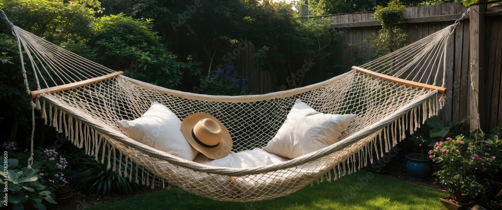 Poster relaxing garden hammock with soft pillows and hat under the shade of lush greenery creating a serene