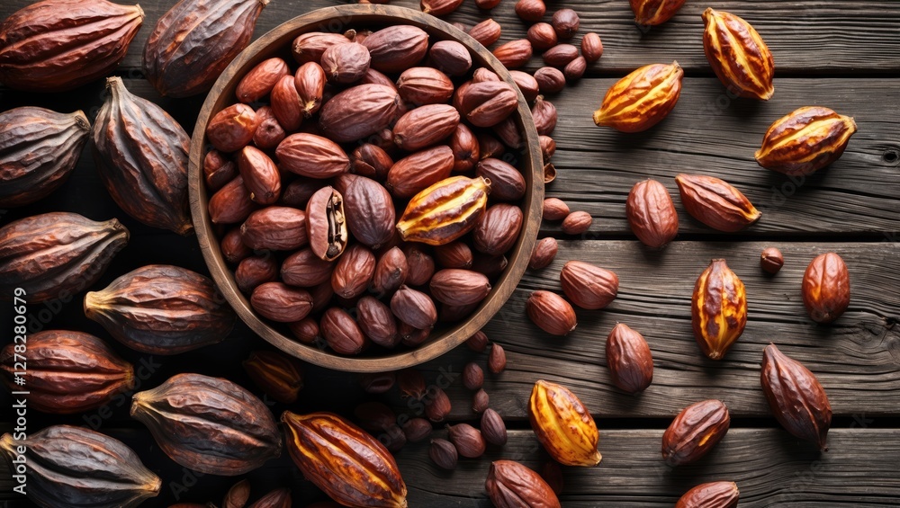 Poster cocoa beans arrangement in rustic bowl on wooden surface with space for text and design elements