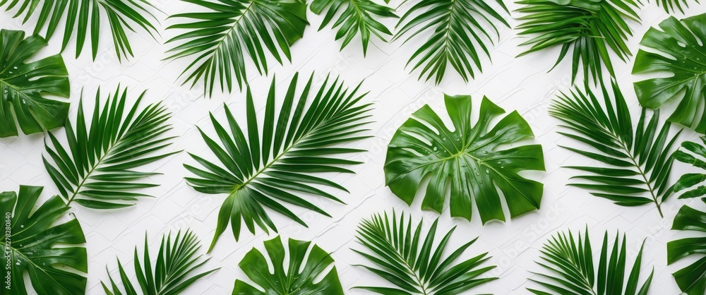 Poster tropical palm leaves pattern on white background for summer design concepts with space for text and 