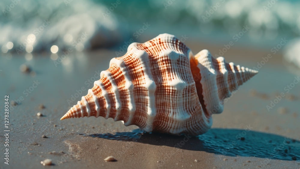 Aufkleber conch shell resting on wet sandy beach with gentle waves creating a serene coastal atmosphere ideal 