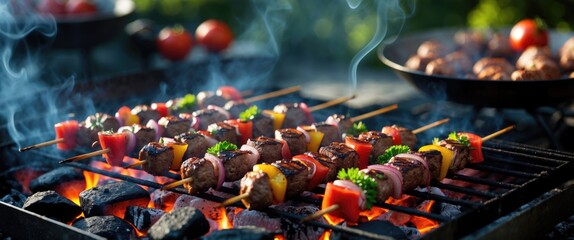 Grilling Colorful Skewered Kebabs Over Charcoal With Smoke in Outdoor Setting Perfect for Summer Barbecue Parties and Promotions