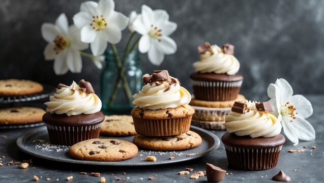 Delicious assortment of cupcakes and cookies with white flowers on a dark background featuring empty space for customized text overlay.