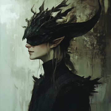 Dark Fantasy Warrior with Raven Mask: A mysterious figure in a black feathered mask and dark armor.