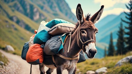 Obraz premium Donkey Carrying Camping Gear on Mountain Trail in Scenic Landscape