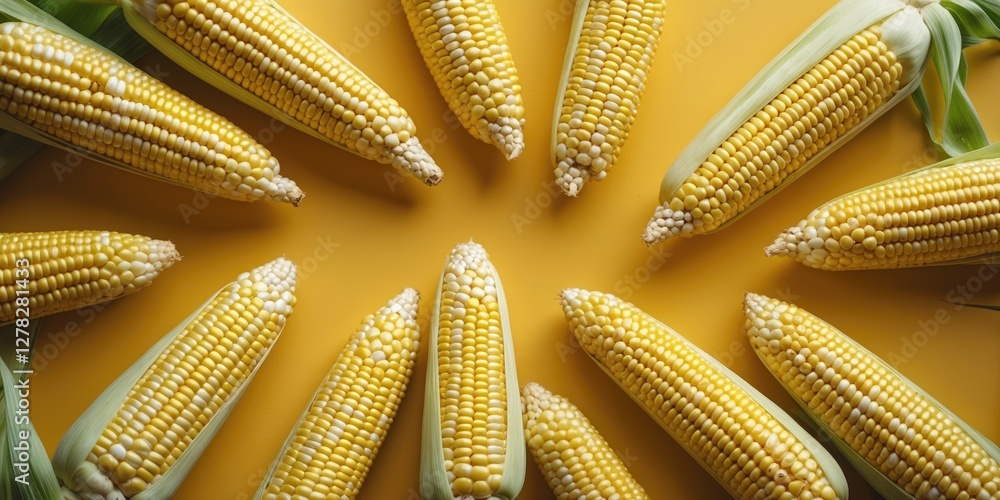 Poster fresh corn cobs arranged on vibrant yellow background with ample copy space for text or branding opp