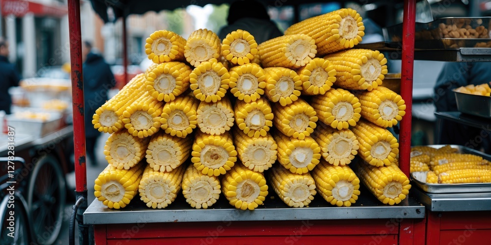 Poster freshly stacked corn on the cob displayed on a street food trolley with copy space for text use