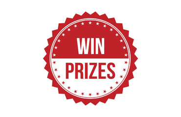 Win prizes red ribbon label banner.