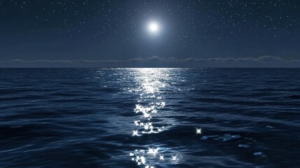 A clear night sky over a vast ocean, where the stars reflect off the waters surface, creating a shimmering effect.