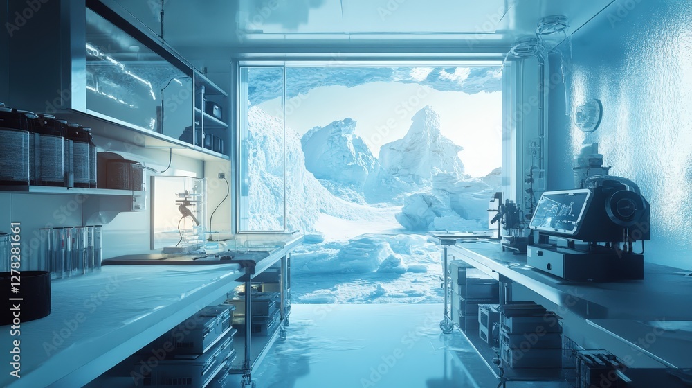 Poster a climate science lab where researchers are analyzing ice core samples to study historical climate c