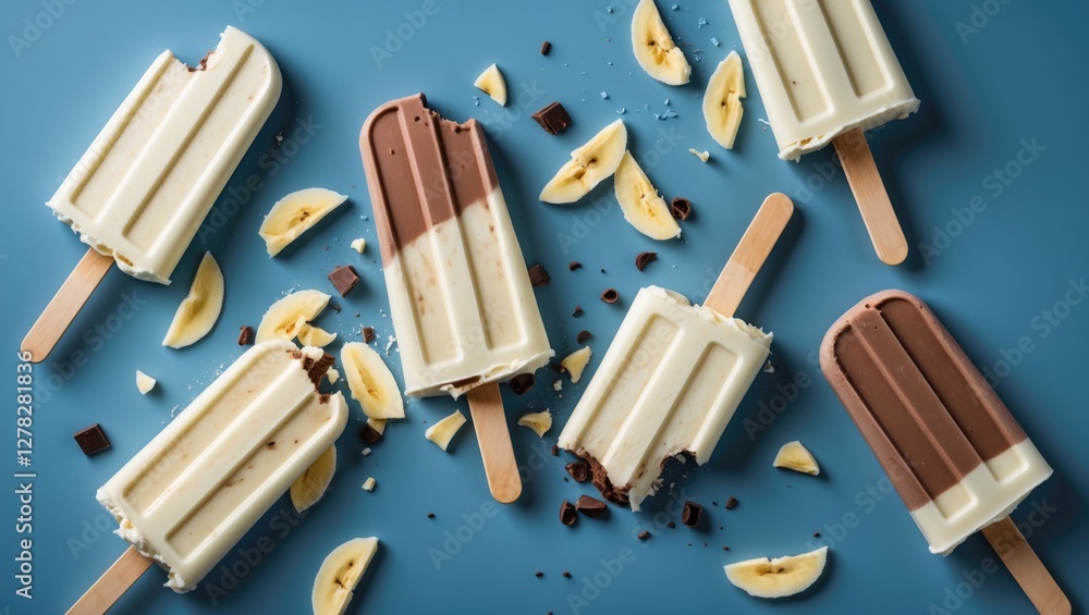 Poster assorted crashed vanilla chocolate ice cream popsicles with slices of banana on a vibrant blue backg