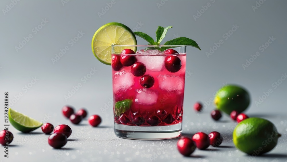Poster cranberry lime cocktail refreshing drink with ice decorated with lime slices on a light grey backgro