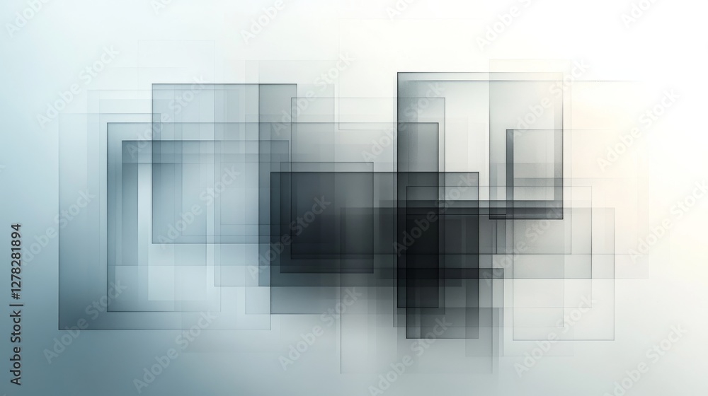 Poster overlapping square shapes displayed against a gradual blue background