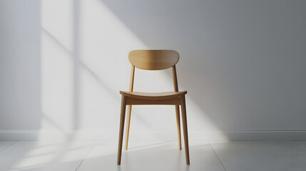 Minimalistic wooden chair, light streaming through sheer curtains, cozy atmosphere, perfect for home decor or relaxation.