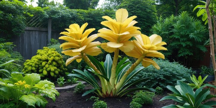 Vibrant Crepe Ginger Plant Blossoms in Lush Garden Setting with Abundant Foliage and Ample Space for Text Overlay or Caption