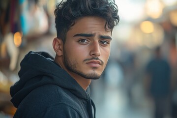 Fototapeta premium Young man gazes thoughtfully in a bustling market under warm sunlight in the late afternoon