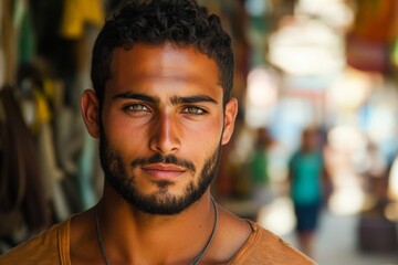 Obraz premium Portrait of a young man with dark hair and beard in a busy market during the daytime with vibrant colors and blurred background
