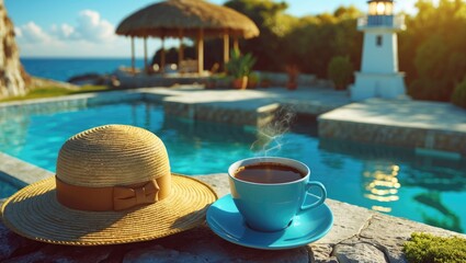 Obraz premium Morning coffee beside a straw hat by a serene swimming pool and lighthouse, evoking relaxation and inspiration for a new day.