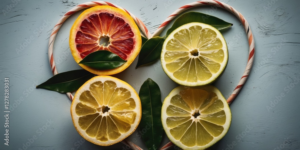 Poster colorful halved citrus fruits arranged in a heart shape with green leaves and empty space for text o
