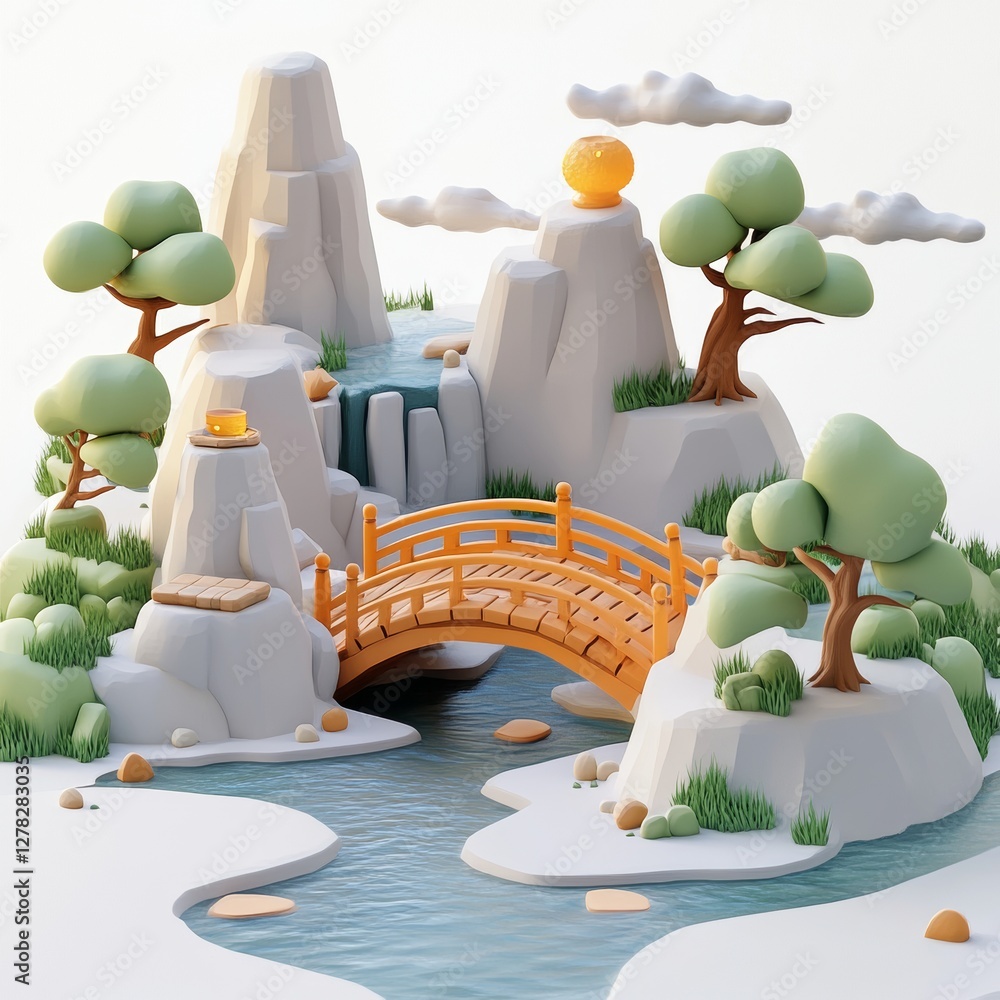 Poster 3d game style scene with bridge and nature elements on white background