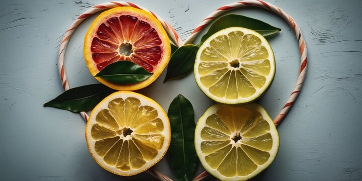 Colorful Halved Citrus Fruits Arranged in a Heart Shape with Green Leaves and Empty Space for Text on a Rustic Background