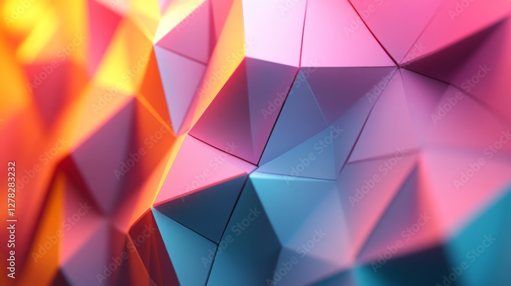 Poster the abstract image shows a vibrant and colorful geometric structure with facets