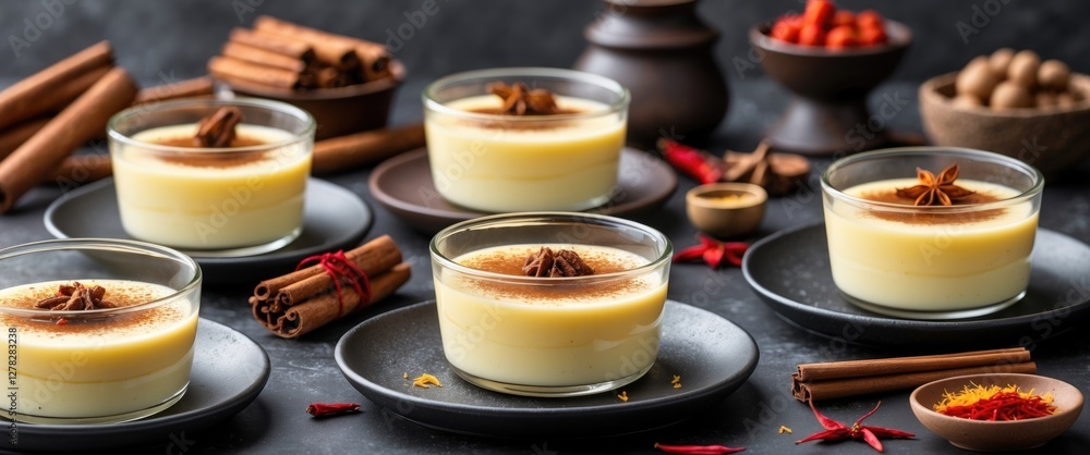 Poster cinnamon and saffron infused custard puddings on dark table with spices and empty space for text or 