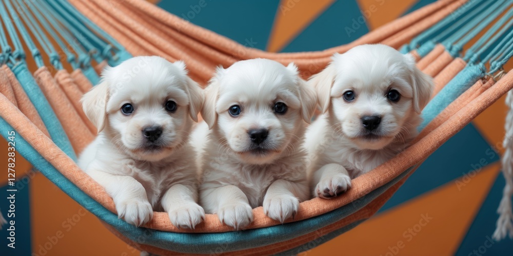 Poster adorable white puppies relaxing in a colorful hammock with room for custom text and branding element